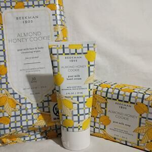 Beekman 1802 set ALMOND HONEY COOKIE 2 oz Lotion, 3.5 oz Soap, 30 count Wipes